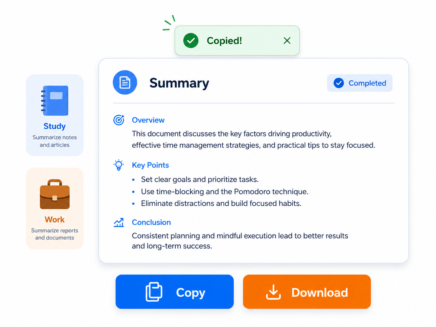 Copy and download summary output